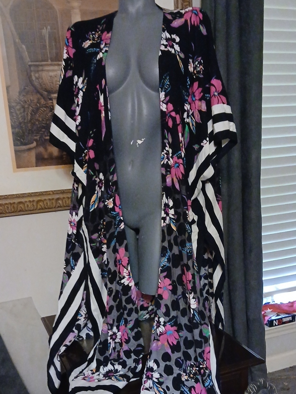 Steve Madden Black Floral & Stripe Kimono Robe with Pink Accents
